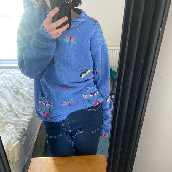Vintage cotton blue dragonfly sweater jumper - Picture 15 of 16